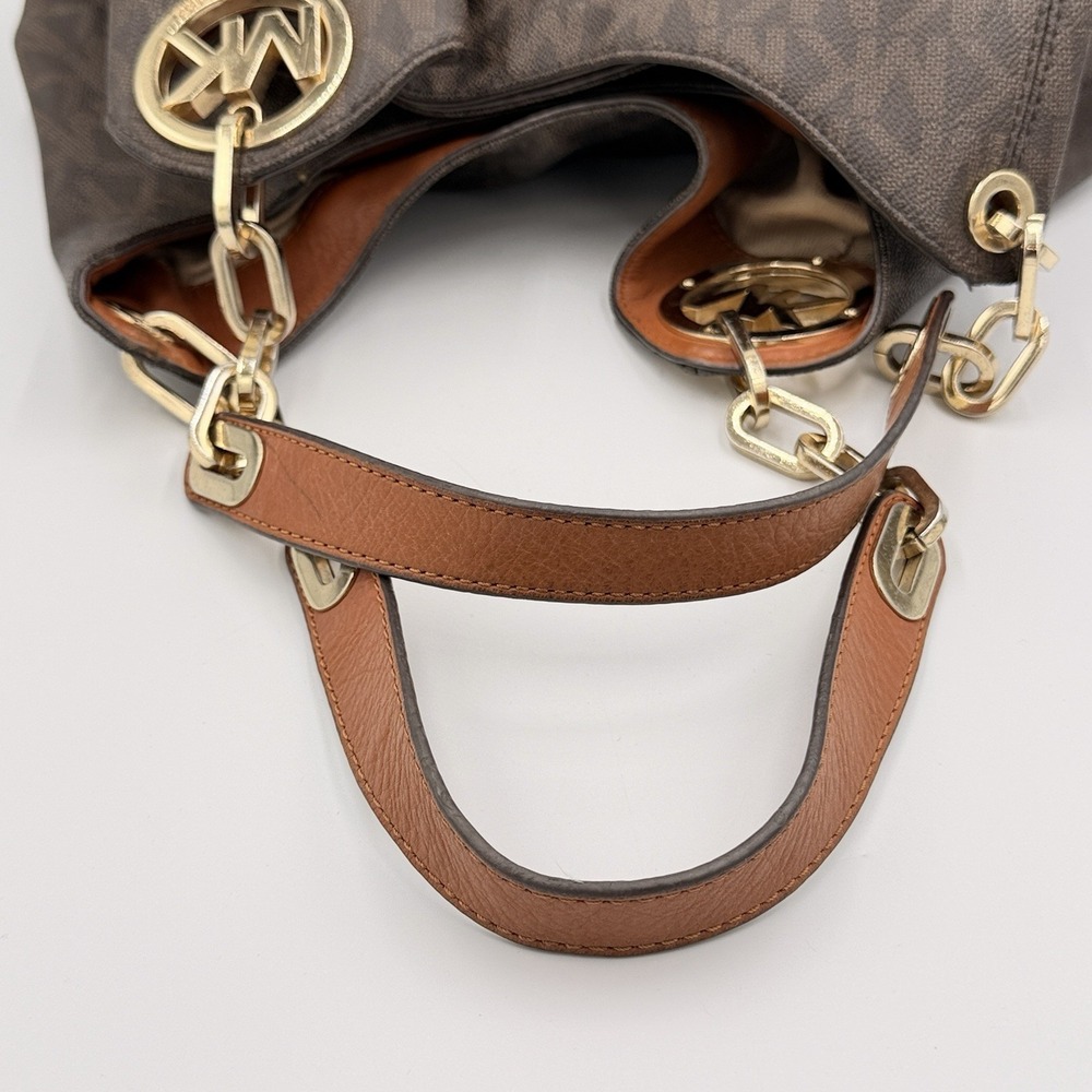 Michael Kors Fulton MK Monogram Hobo Bag Brown Chain Strap Shoulder Slouchy - Picture 11 of 16